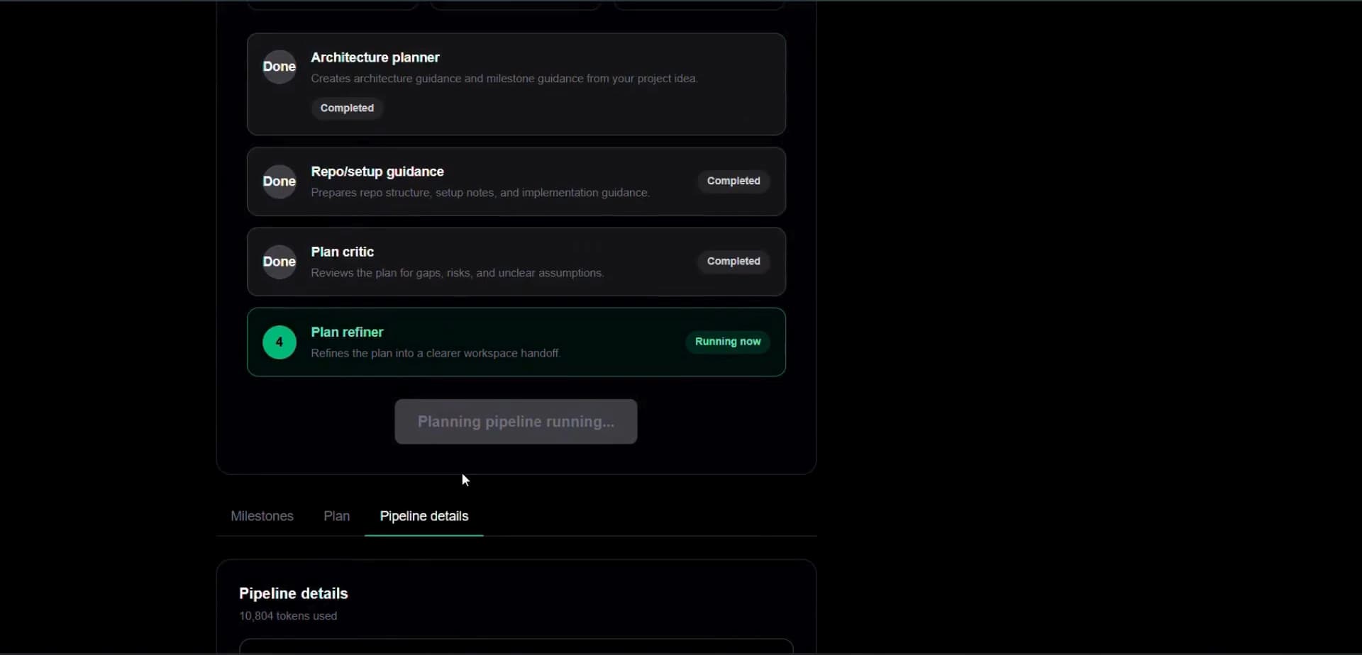 DevMarathon running multiple AI planning stages before producing structured project guidance