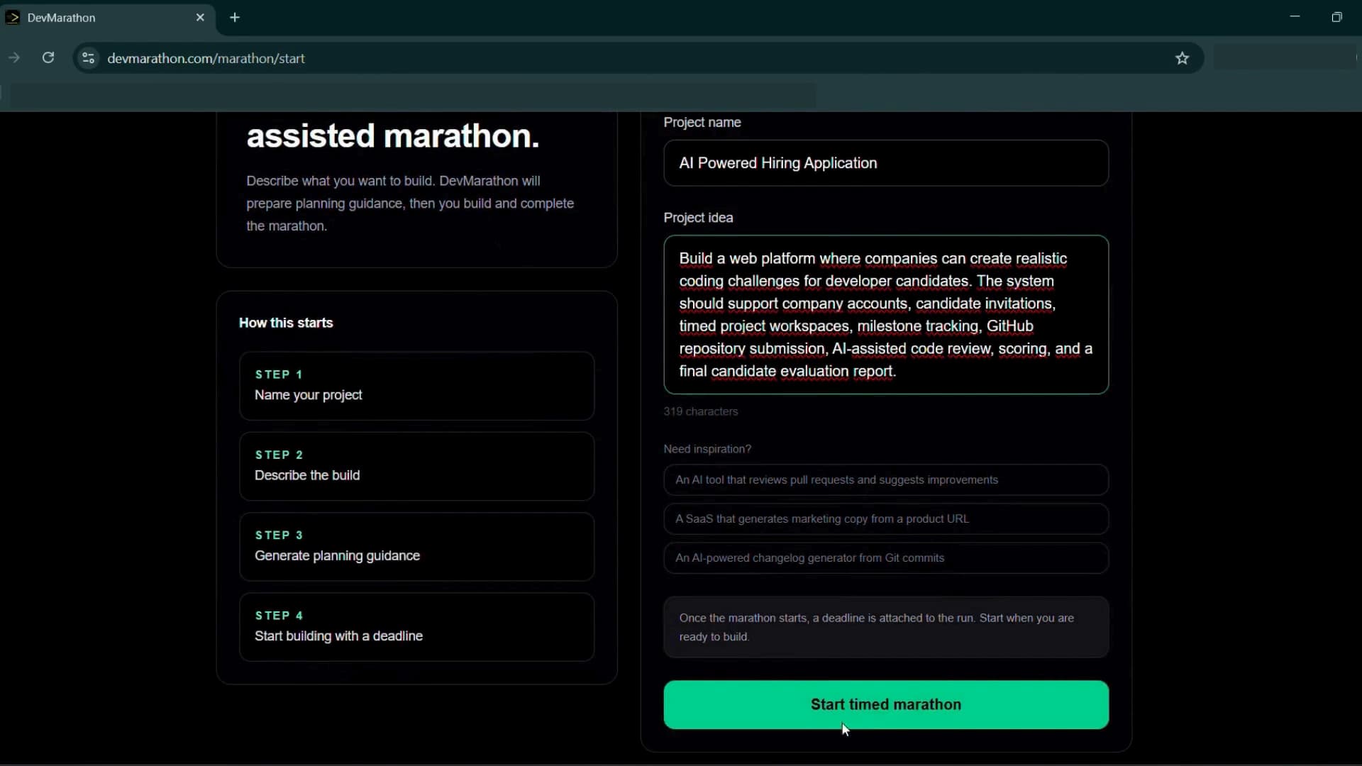 A developer describing an idea and preparing to start a Solo Marathon