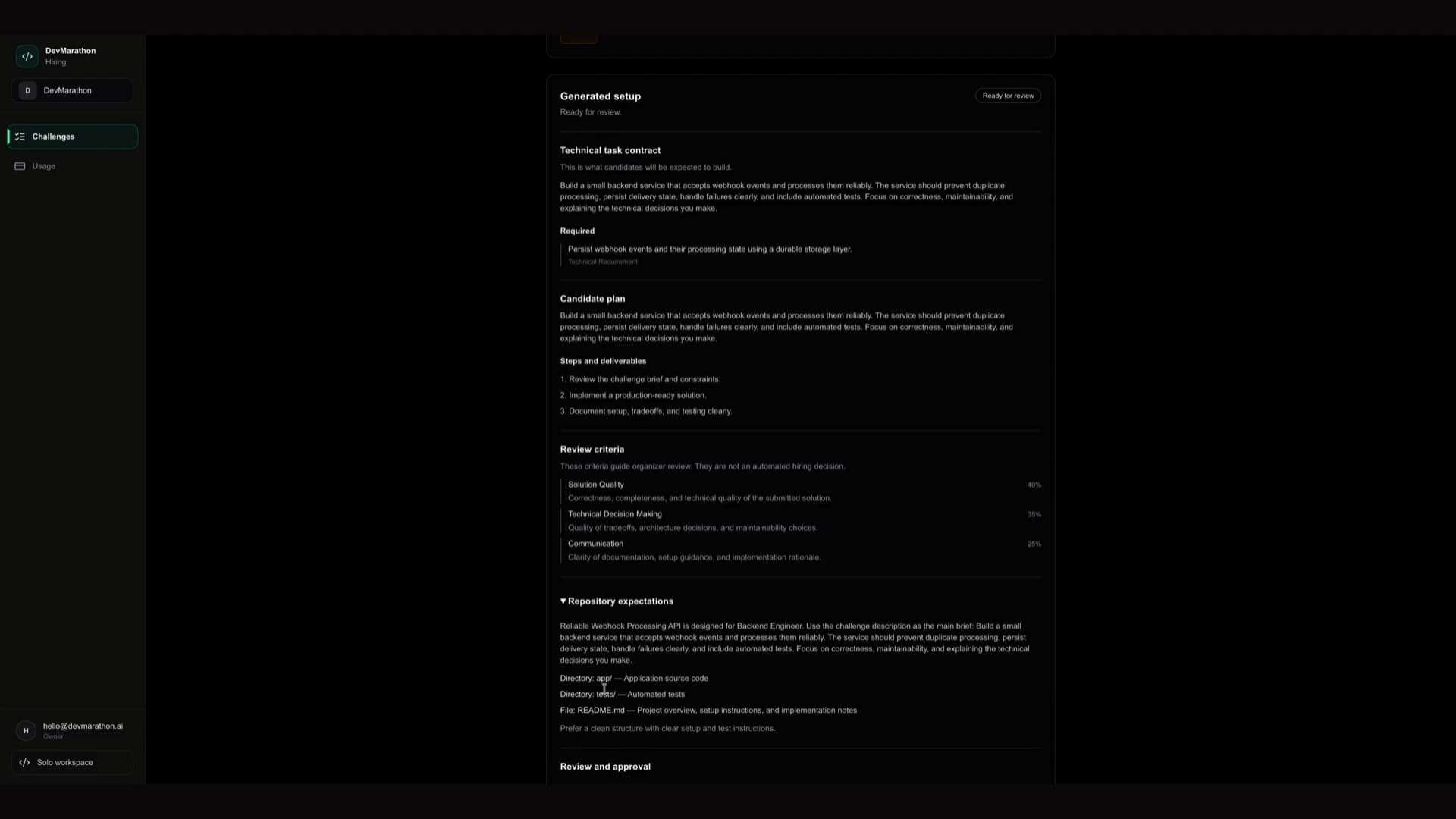 Challenge setup showing the technical task contract, candidate plan, review criteria, and approval state